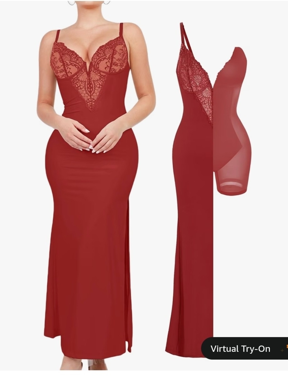 Popilush Maxi Dress, Deep V Neck, Shapewear Lace Bodycon
High Slit, Tummy Contro